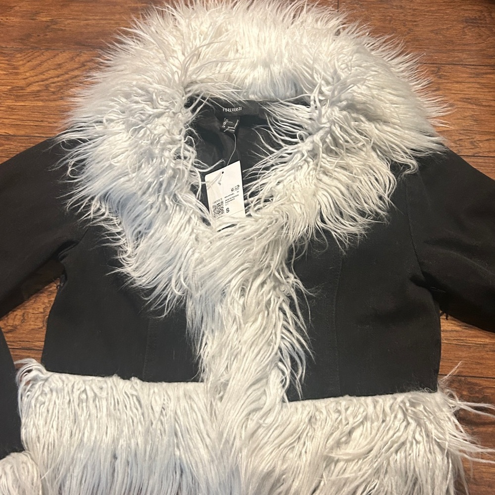 Retro Penny Lane Coat Black w/ Grey Faux Fur Trim Boho Chic  Jacket Small NWT - Picture 4 of 7